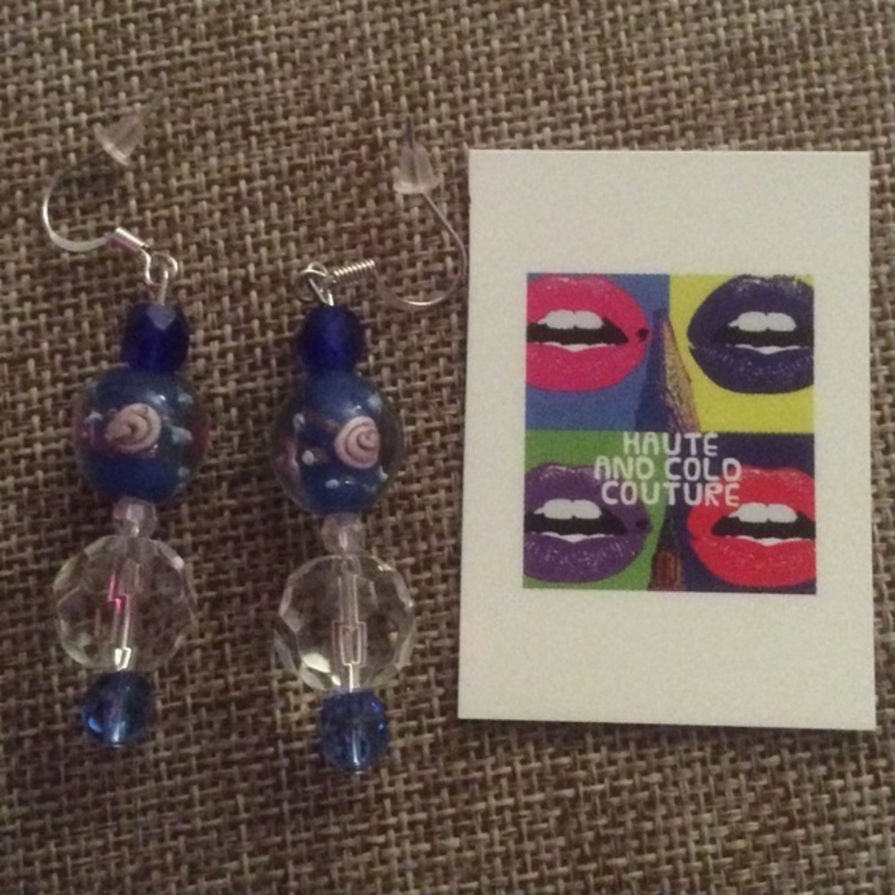 NEW Handmade Floral Blue & Clear Glass  Earrings